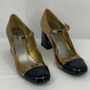 WORTHINGTON LARCIE SIZE 11M Elegant Gold and Black Women's Mary Jane CHUNKY Heel